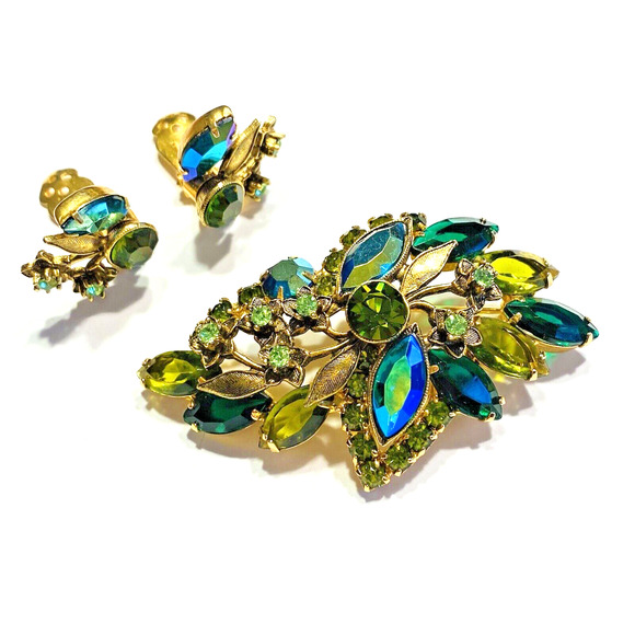 Vintage Jewelry Set Brooch & Clip On Earrings Blue/Green AB Crystal Rhinestones - Picture 2 of 11